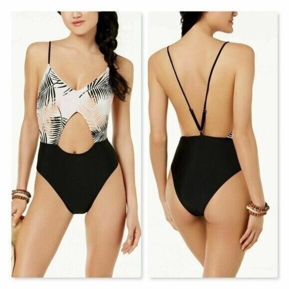 MINKPINK Other - MINKPINK One Piece Swimsuit L Cut Out Isla Palm Tropical Black Cheeky High Leg